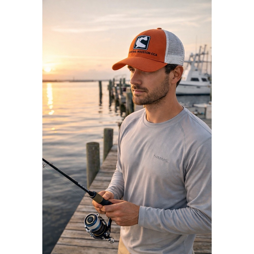 Simms Trucker Hat Cap Central Houston CCA Orange Mesh Fishing‎ Snapback